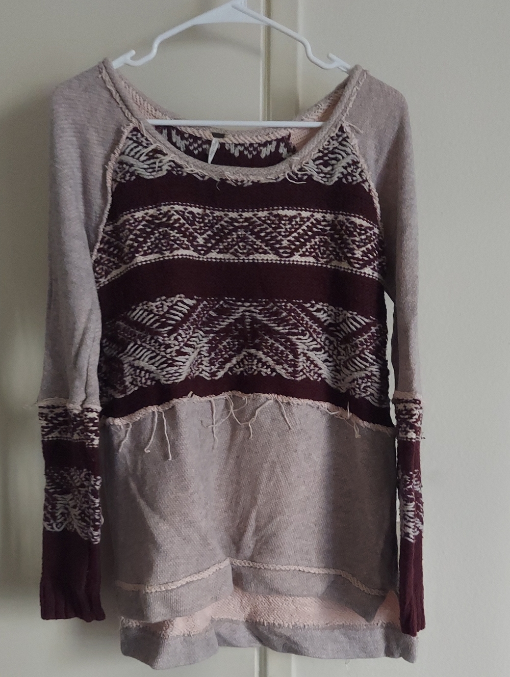 Free People Two-Tone Crewneck Sweater in Soft Pink- Light Gray and Burgundy